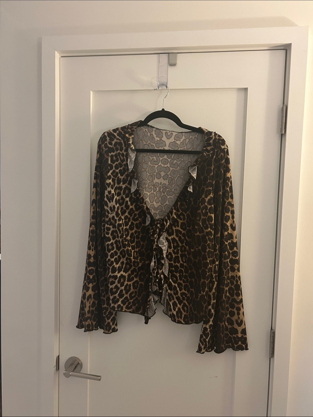 Leopard Ruffle Front Tie Blouse - Brown & Black